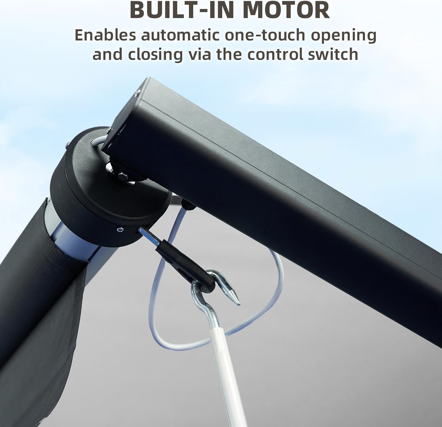 EROMMY 10FT Electric Retractable RV Awning, Complete RV Awning Kit with Motor & Manual Crank, Adjustable Arms, Waterproof Vinyl Canopy for RV, Trailer, 5th Wheel & Motorhome, White Frame, Black Fabric