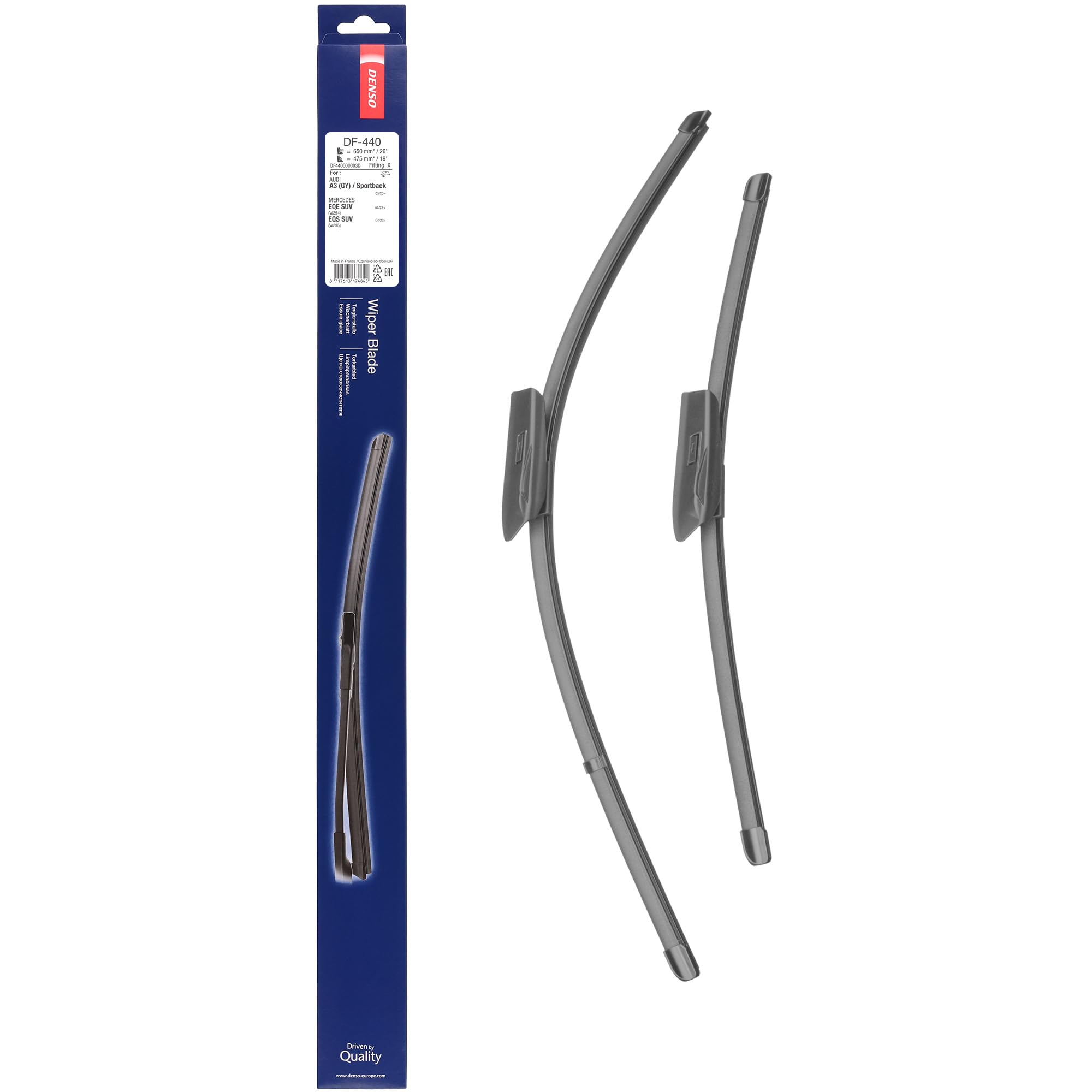DENSO Flachwischer-Set DF-440 (650/475 mm, Linkslenker): Zwei leise, langlebige Wischer mit aerodynamischem Design. OEM-Qualität, breite Kompatibilität, 2 Jahre Garantie.