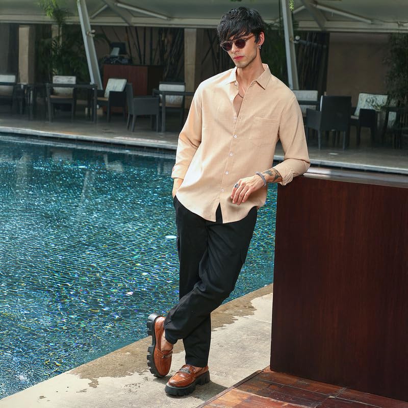 Image of CAHOOT Men's Olive Shirt Casual Wear | Shawl Collar | Long Sleeve | Button Closure | Shirt Crafted with Comfort Fit for Everyday Wear