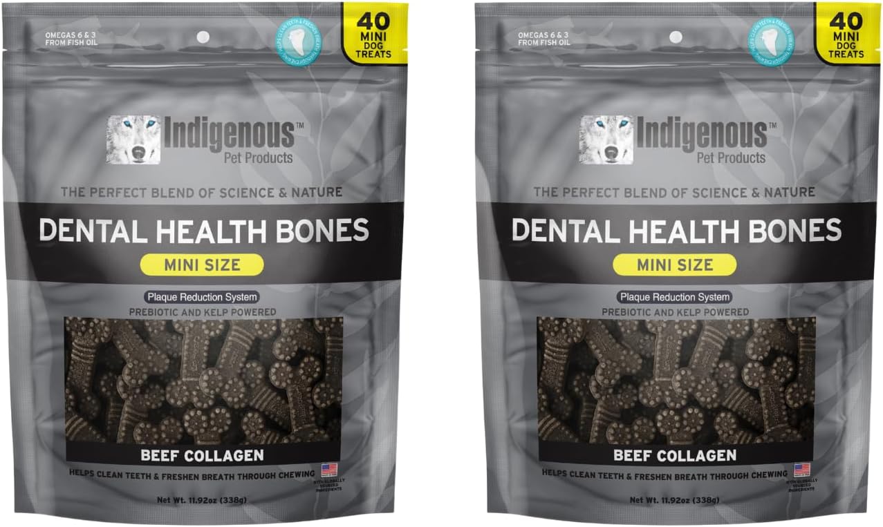 Indigenous Pet Dental Health Bones Mini 2 Pack – Beef Collagen (11.92 Ounce x 2) | Grain-Free Dog Chews with Prebiotics & Omegas | Freshens Breath, Supports Digestive, Skin & Coat Health |