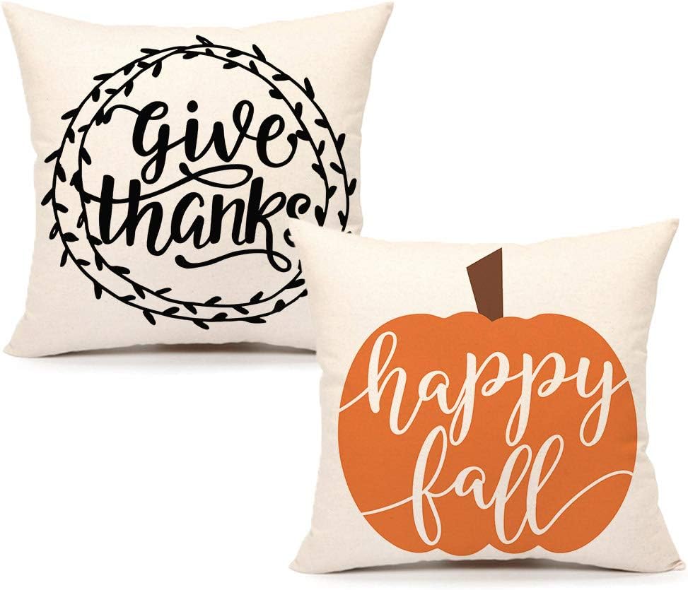 4TH Emotion Thanksgiving Happy Fall Throw Pillow Covers Farmhouse Pumpkin Leaves Cushion Case for Sofa Couch 18 x 18 Inches Polyester Linen Set of 2