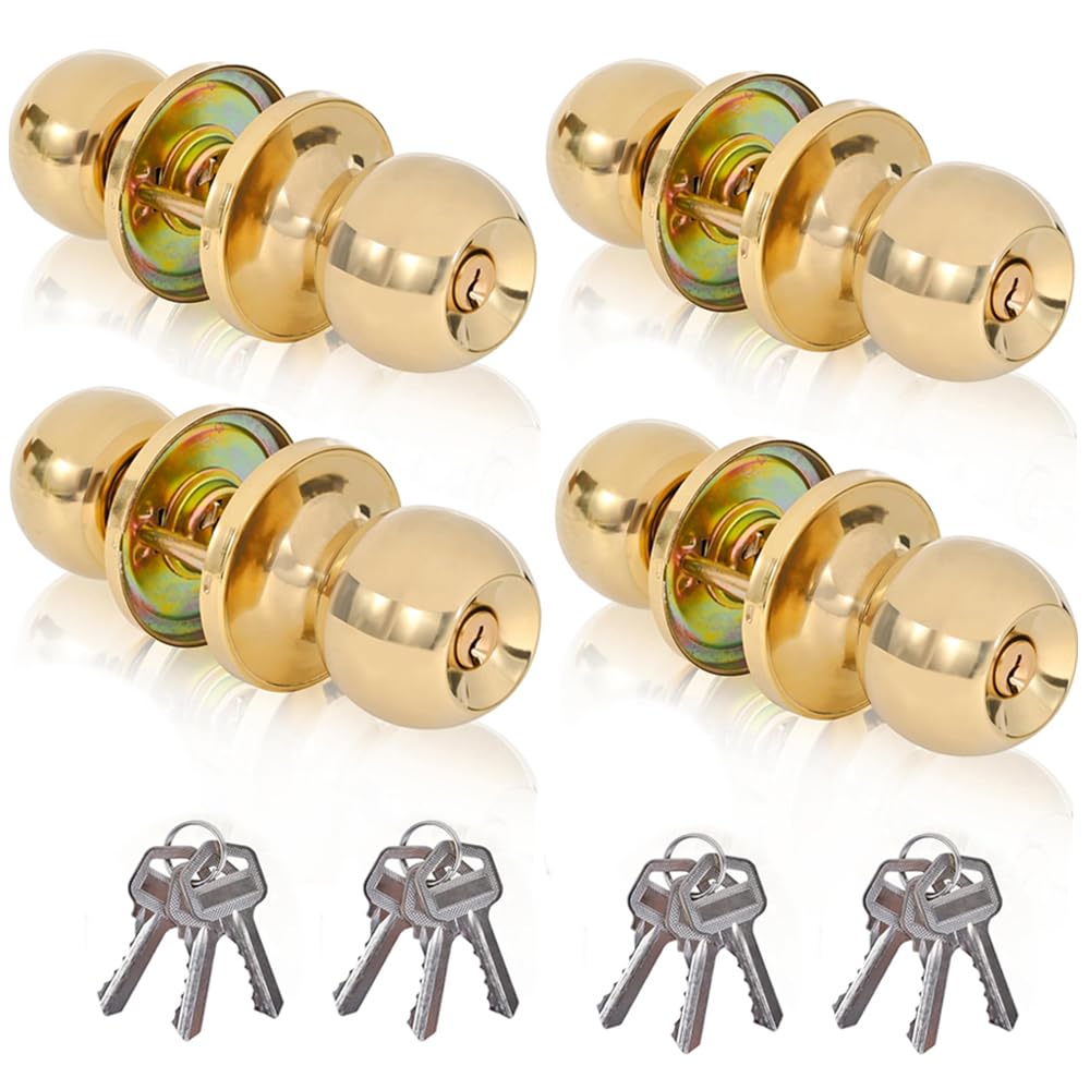 Gold Door Knobs with Lock & Key - 4 Pack -1