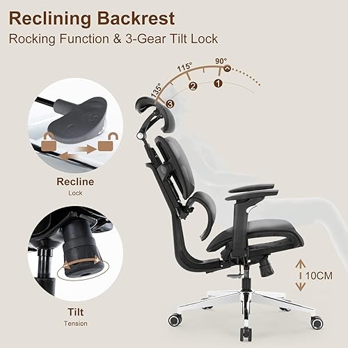 Miniatura 7 de Silla ergonómica de oficina con respaldo alto, sillas de malla ejecutiva con soporte lumbar ajustable, respaldo, reposacabezas cómoda silla de