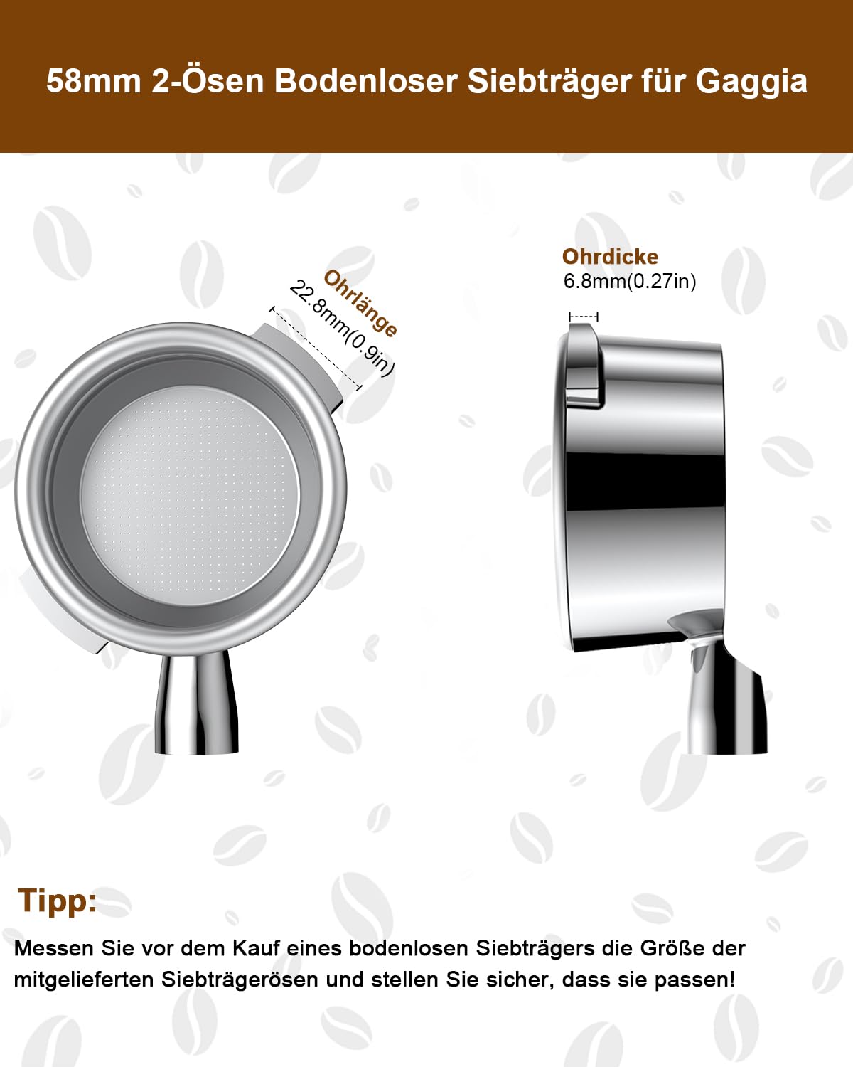 KOFIKOFI Portafiltro sin fondo de 58 mm, 2 orejas sin fondo compatible con cafetera espresso Gaggia Classic con cesta de filtro de acero inoxidable 304, colador, mango de madera