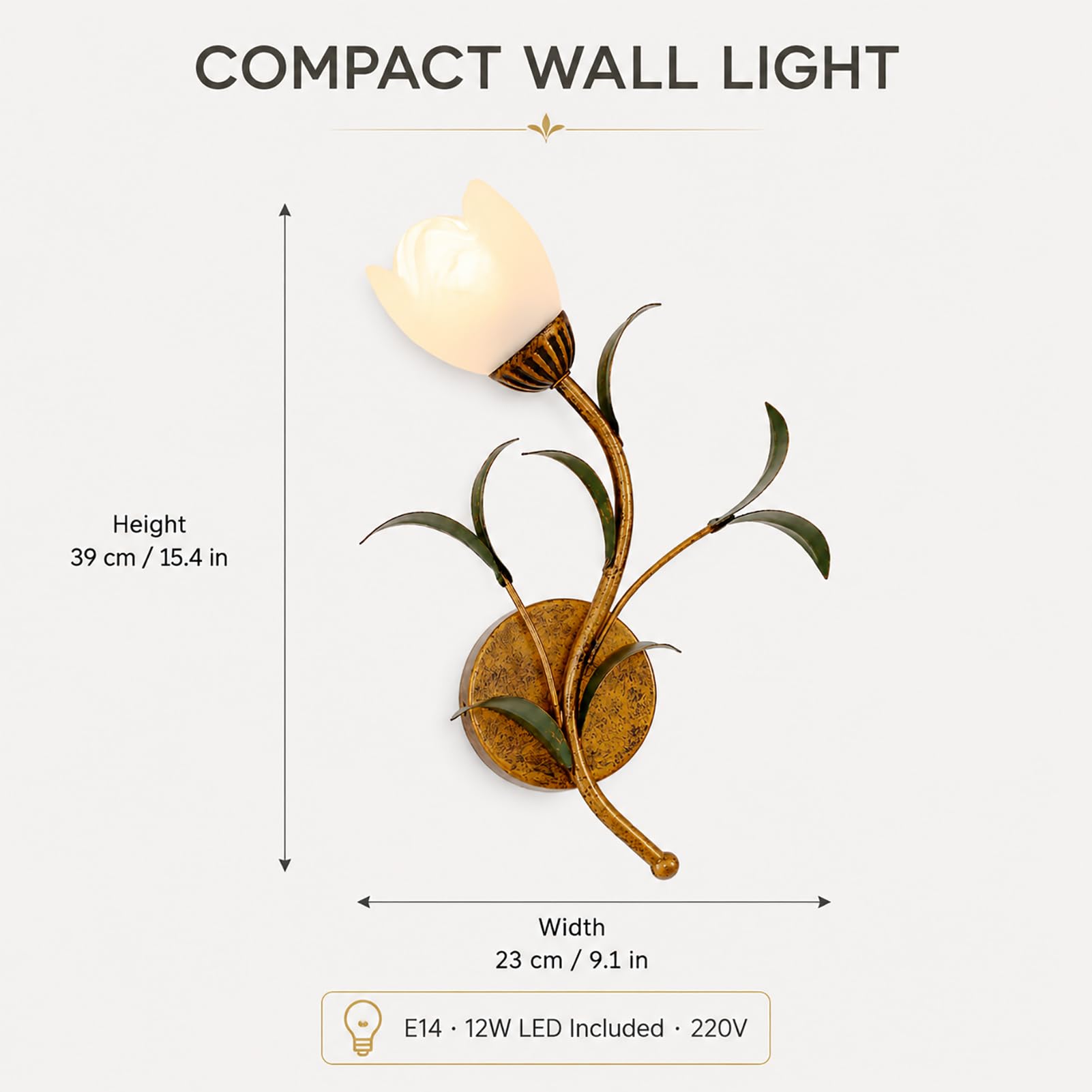 Vintage Blumen-Wandleuchte E14 inkl. 12W LED, Wandlampe aus Glas und Eisen, 3 Lichtfarben 3000K/4500K/6000K, kupferfarben für Schlafzimmer Wohnzimmer Flur,Left | 1