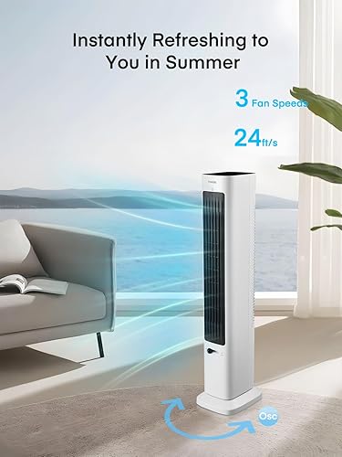 Miniatura 5 de FOHERE Ventilador de torre oscilante y calentador de espacio en uno para uso en interiores, ventilador de alta velocidad y calentador de seguridad