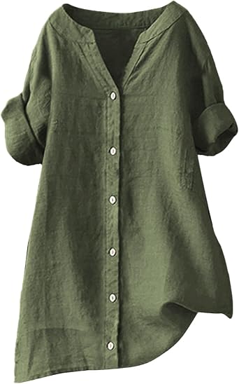 Yinguo Loose Shirt Top Stand Solid Color Sleeve Collar Casual Women's Shirt Women's Womens T V Neck