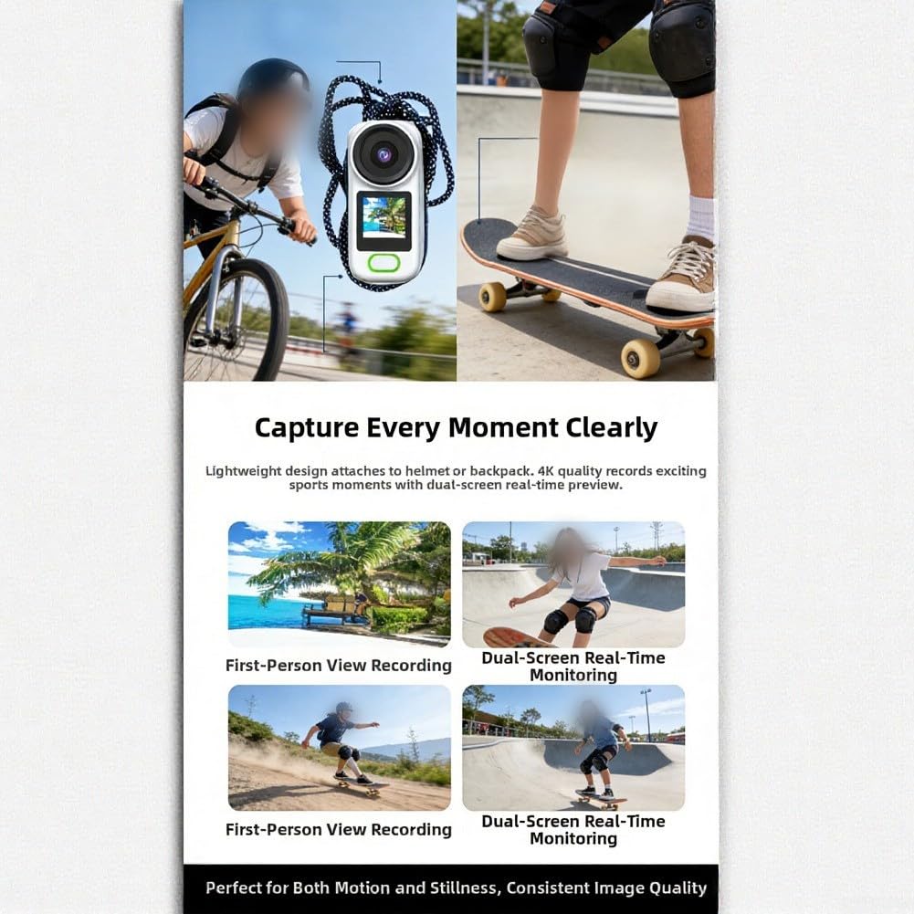 Action Camera compatta 4K con schermo HD da 1,44 pollici, foto da 12 MP e registrazione in loop per vlogger e appassionati di attività all'aperto (bianco)