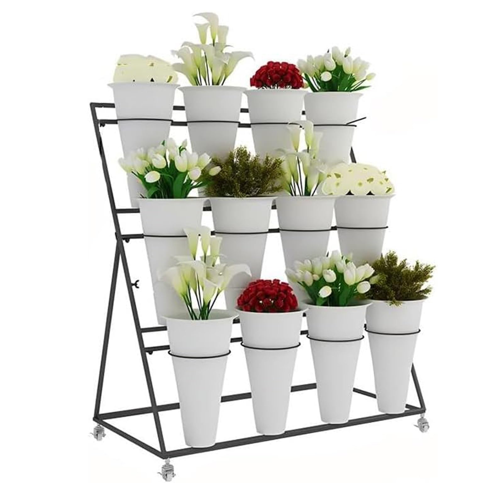 YUANCHUTOP Mobile Flower Display Stand with Wheels - Heavy-Duty Metal Plant Cart with 12 Buckets for Weddings, Parties, Bridal Showers, Garden Events & Patio Decor