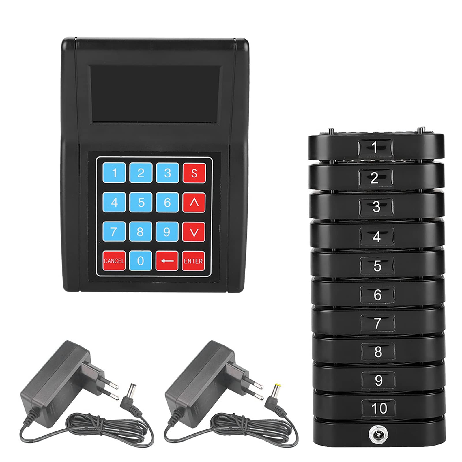 ASHATA Cercapersone Wireless con Sistema,Sistema di Chiamata Ospite Wireless Professionale, 1 Trasmettitore + 10 Ricevitori Sistema di Cercapersone Conveniente per Caffetteria, Snack Bar ECC.(EU)