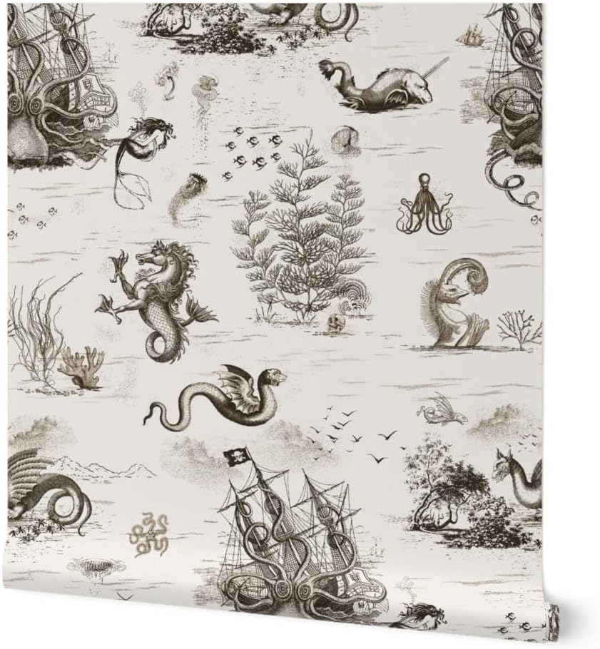 Spoonflower Removable Wallpaper Swatch - Vintage Dragon Ocean Octopus Sepia Toile Mermaid Steampunk Custom Pre-Pasted Wallpaper
