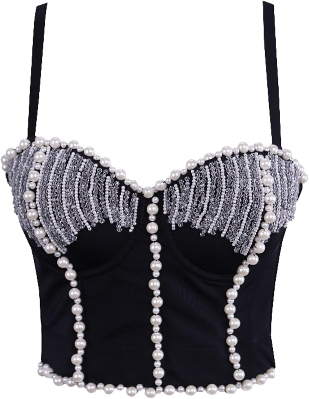 Women's Beaded Rhinestone Tassel Corset Bustier Club Party Bra Punk Push Up Halter Tops
