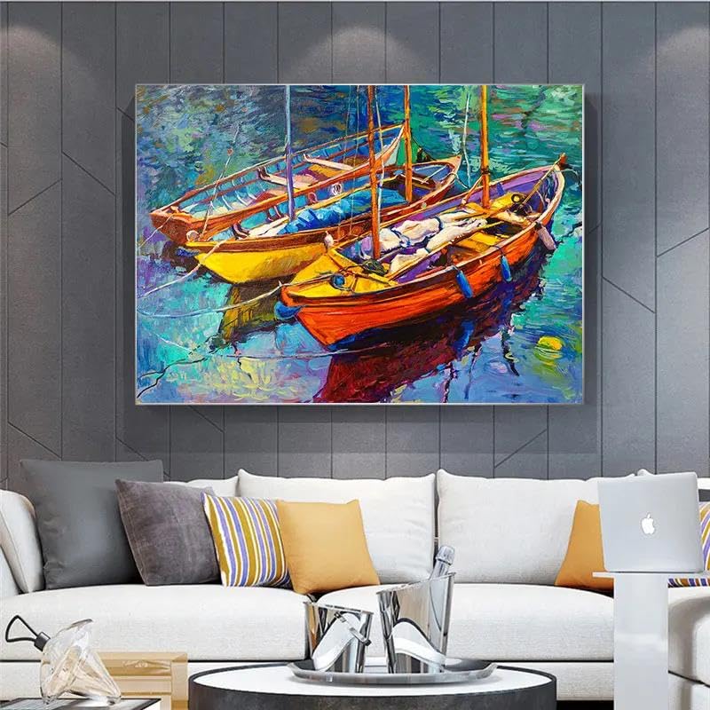 Pintura Al Óleo Abstracta De Barco En El Mar Azul, Arte De Pared De Paisaje Marino, Pintura En Lienzo, Carteles E Impresiones, Imagen Nórdica, Decoración Del Hogar Para Sala De Estar A10 21X30Cm Sin M