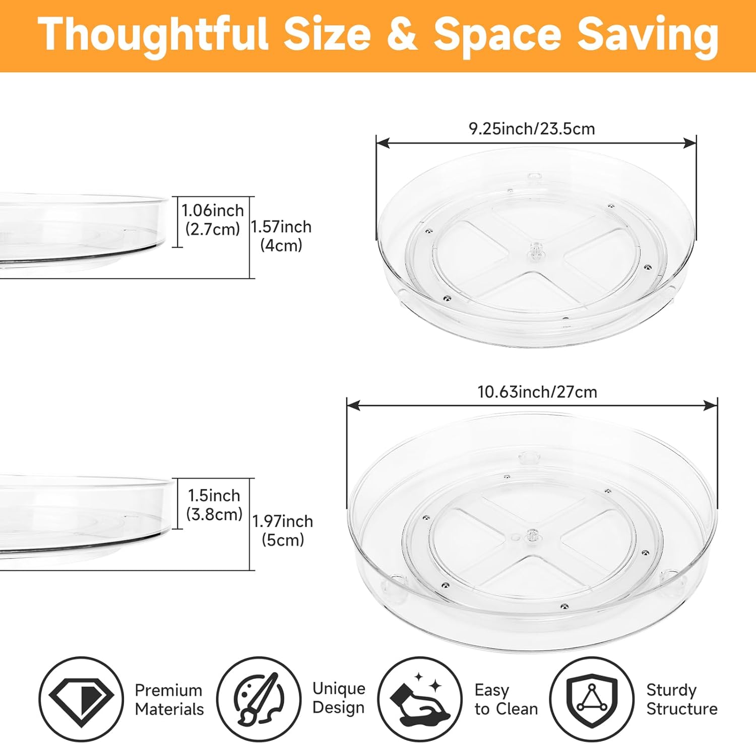 2 Pack Clear Lazy Susan Organizer Turntable, 10.6 & 9.25 Inch Acrylic Lazy Susan Turntable for Cabinet Non-Skid 360° Rotating Spice Rack, Refrigerator, Bathroom, Kitchen, Pantry Organizer