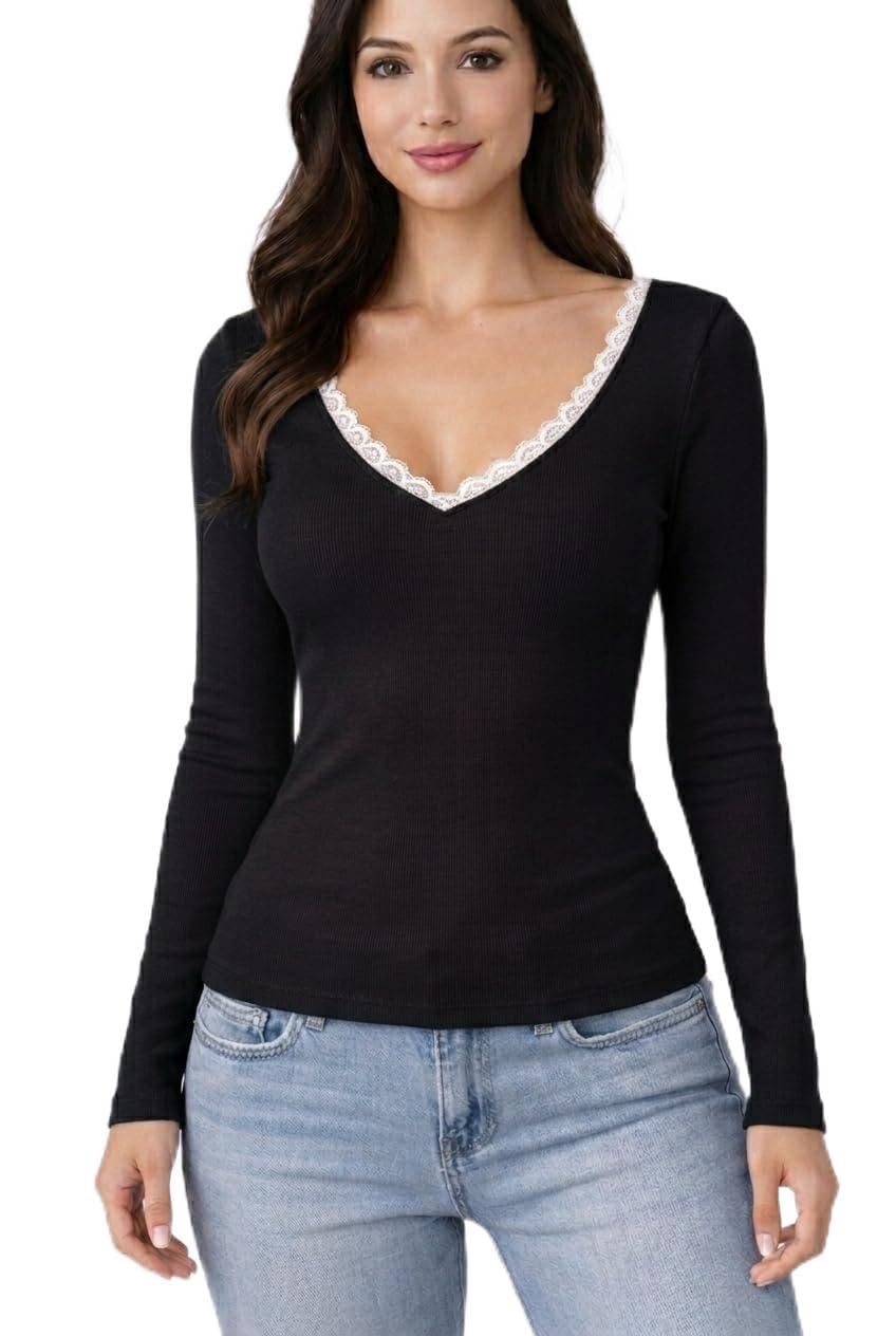 Women’s Rib Long Sleeve V Neck Ribbed Top with Lace Trim – Slim Fit Stretch Casual T Shirt, Fitted Basic Blouse, College Office Everyday Wear 100% Cotton-picture-32