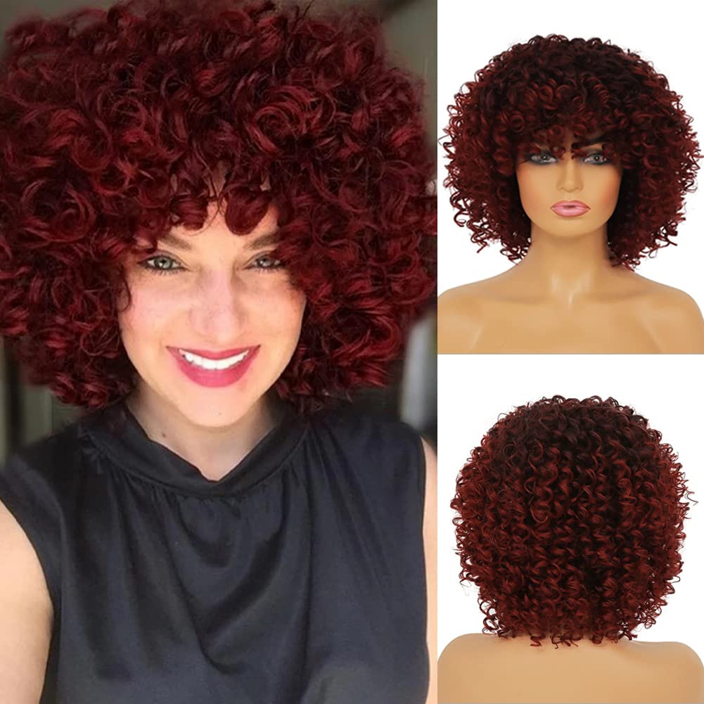 Amazon.com : Amnenl Short Wine Red Afro Curly Wig with Bangs  display picture 3