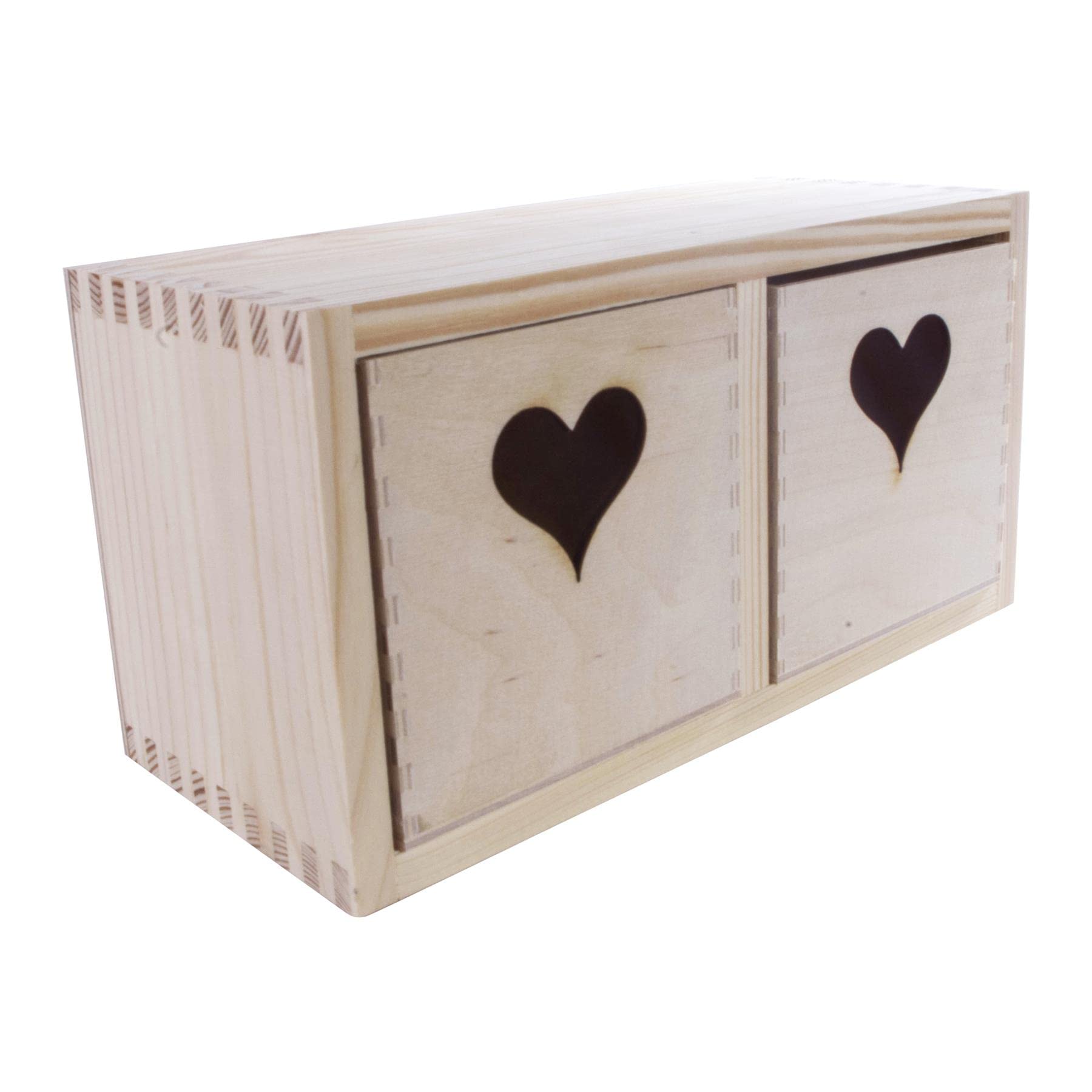WooDeeDoo Two-Section Wooden Display Box | 2x Cube Heart Insert | 23.5 x 10.5 x 12.5 cm | Landscape Portrait Use | Unfinished Wood