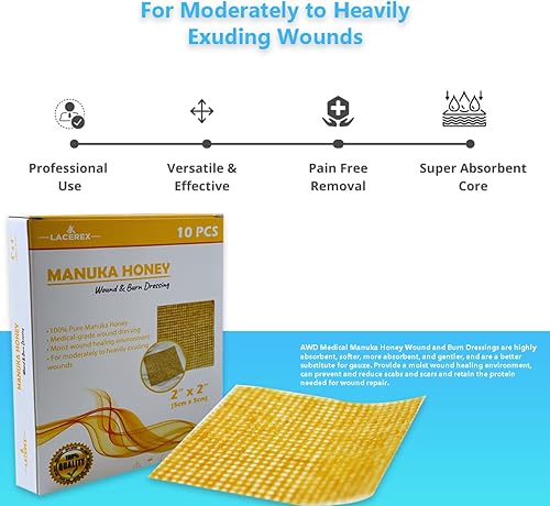 Miniatura 3 de AWD Manuka - Apósito de gasa de miel - Parches de miel 100% impregnados de grado médico - Suministros médicos, cuidado de heridas y primeros