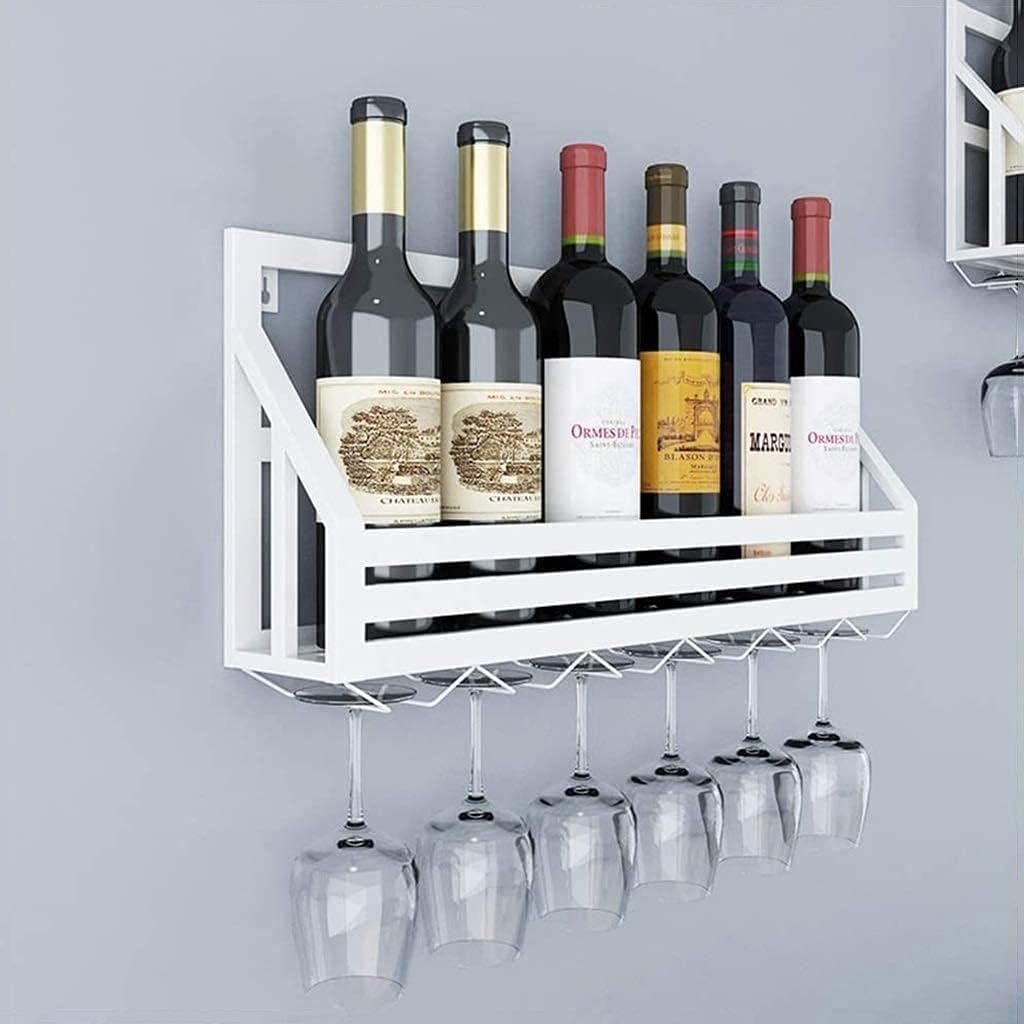 Étagère à bouteilles murale blanche en métal pour 6 verres et 6 bouteilles