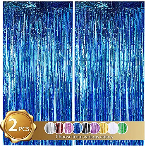 Cortinas de Oropel 2Pcs Azul Metálica Cortina de Borlas de Fondo Cortinas Fiesta Brillante Aluminio Flecos Cortinas Para Decoración Pared Fiestas Cumpleaños Navidad Boda Graduación(1m x 2m)