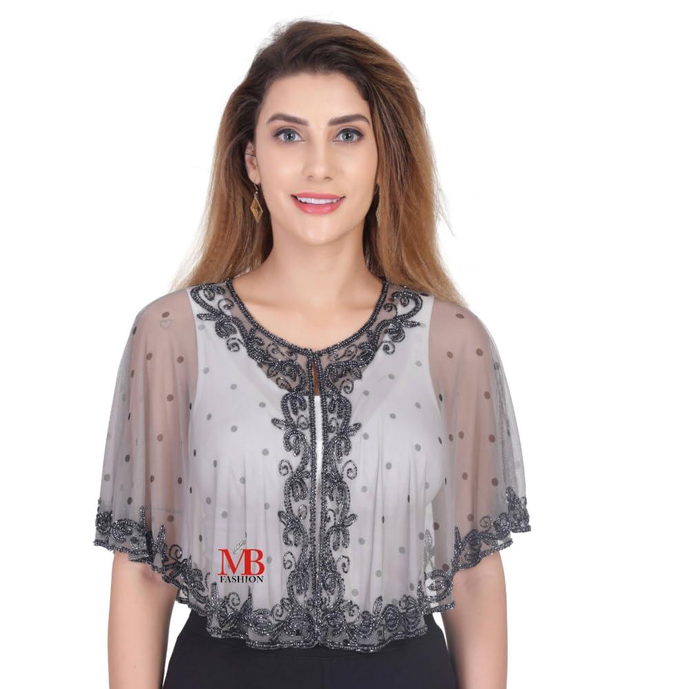 Women's Net Embroidered Cape Shrug, Round Neck, Short Length-image-44