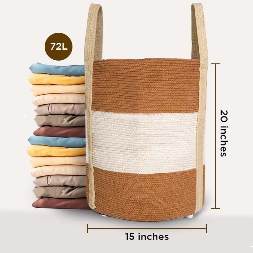 Folkulture Laundry Basket | 70L Laundry Hamper | 100% Cotton | Foldable | Tall Woven Rope Basket with Levelers & Sturdy Handles | Large Dirty Clothes Hamper | Baby, Kids Nursery Hamper for Storage