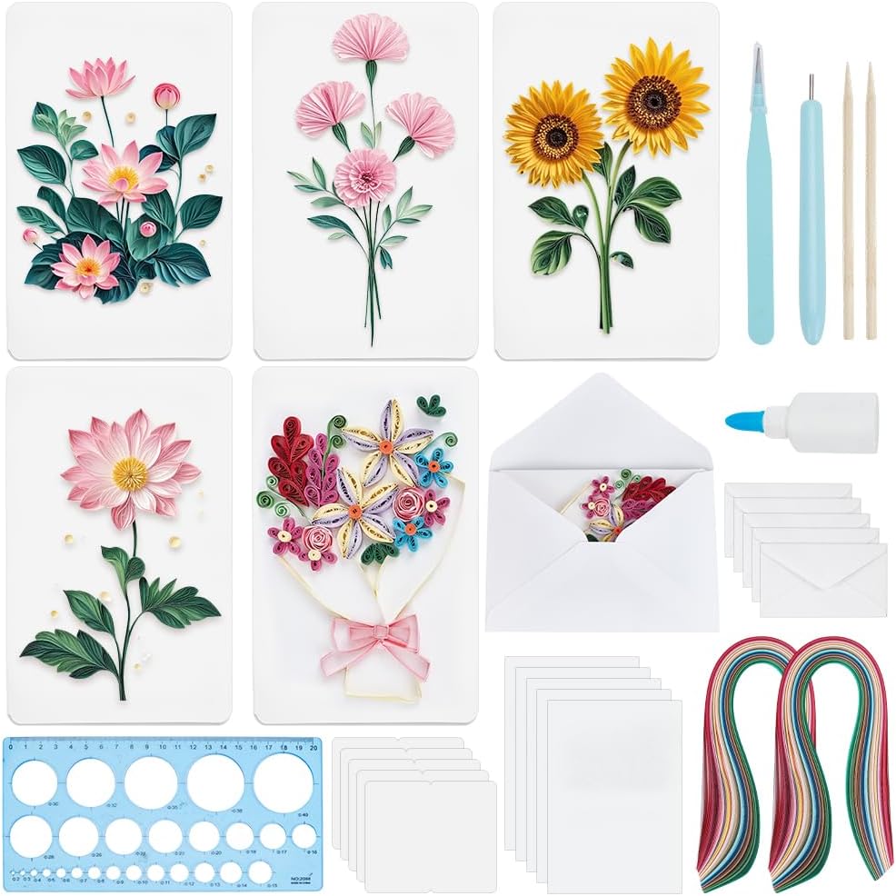 WEBEEDY 20 Sets DIY Flower Paper Quilling Kits for Adults 5 Styles Roses,Lotus,Daisies,Lilies Greeting Cards Making Kit with 20 Blank Cards,36 Colors Strips,Quilling Tools and Instruction for Birthday