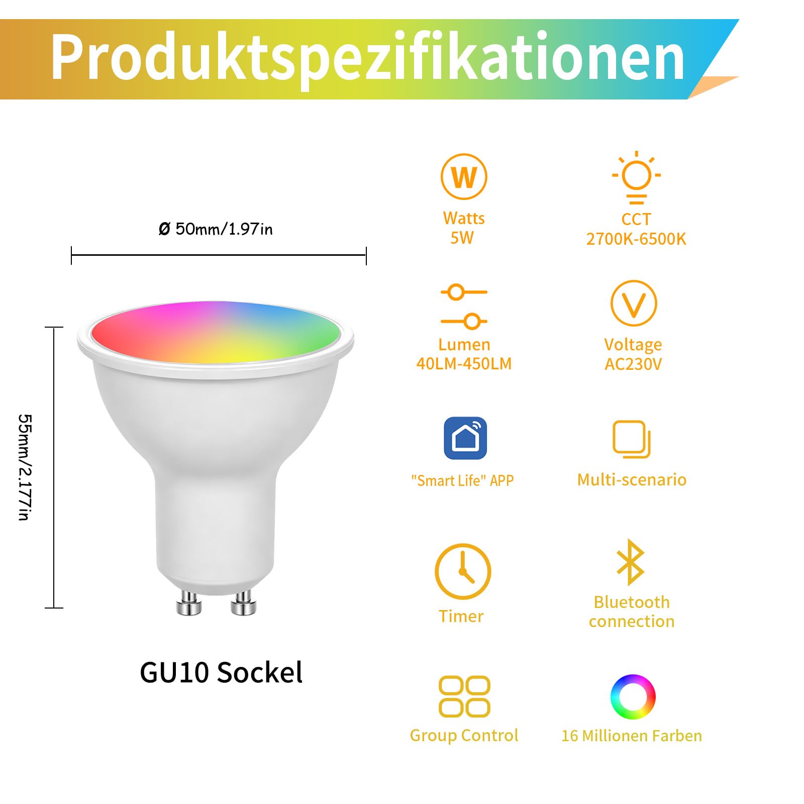 Ampoules LED GU10 RGBCW dimmables avec télécommande et application 4P