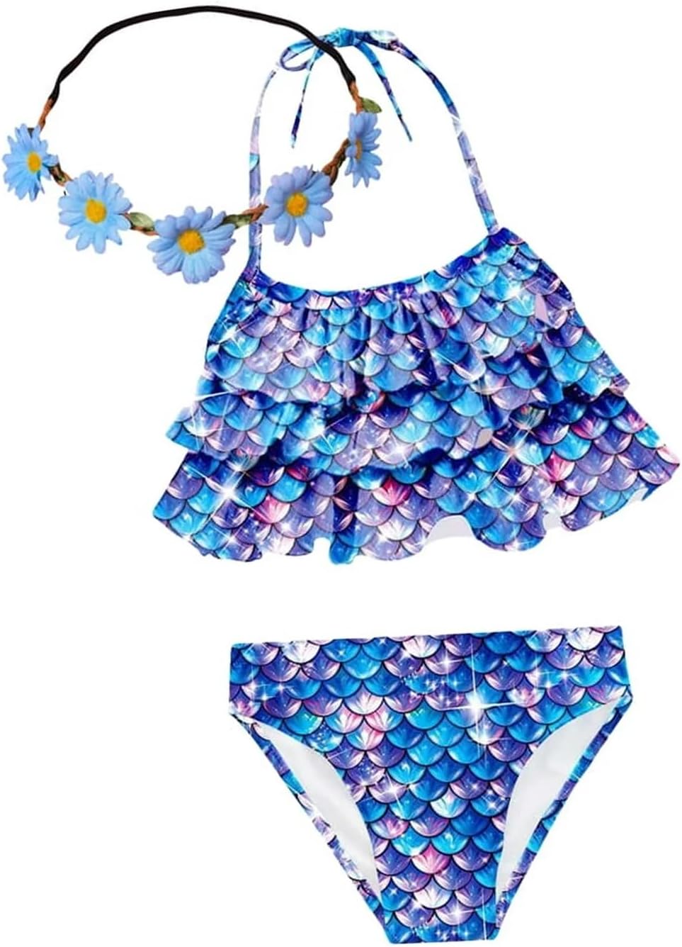 Girls Swimsuit 2 Piece Bikini Set, Ruffle Top & Daisy Headband, UPF 50+ Quick Dry Bathing Suit Age 5-10
