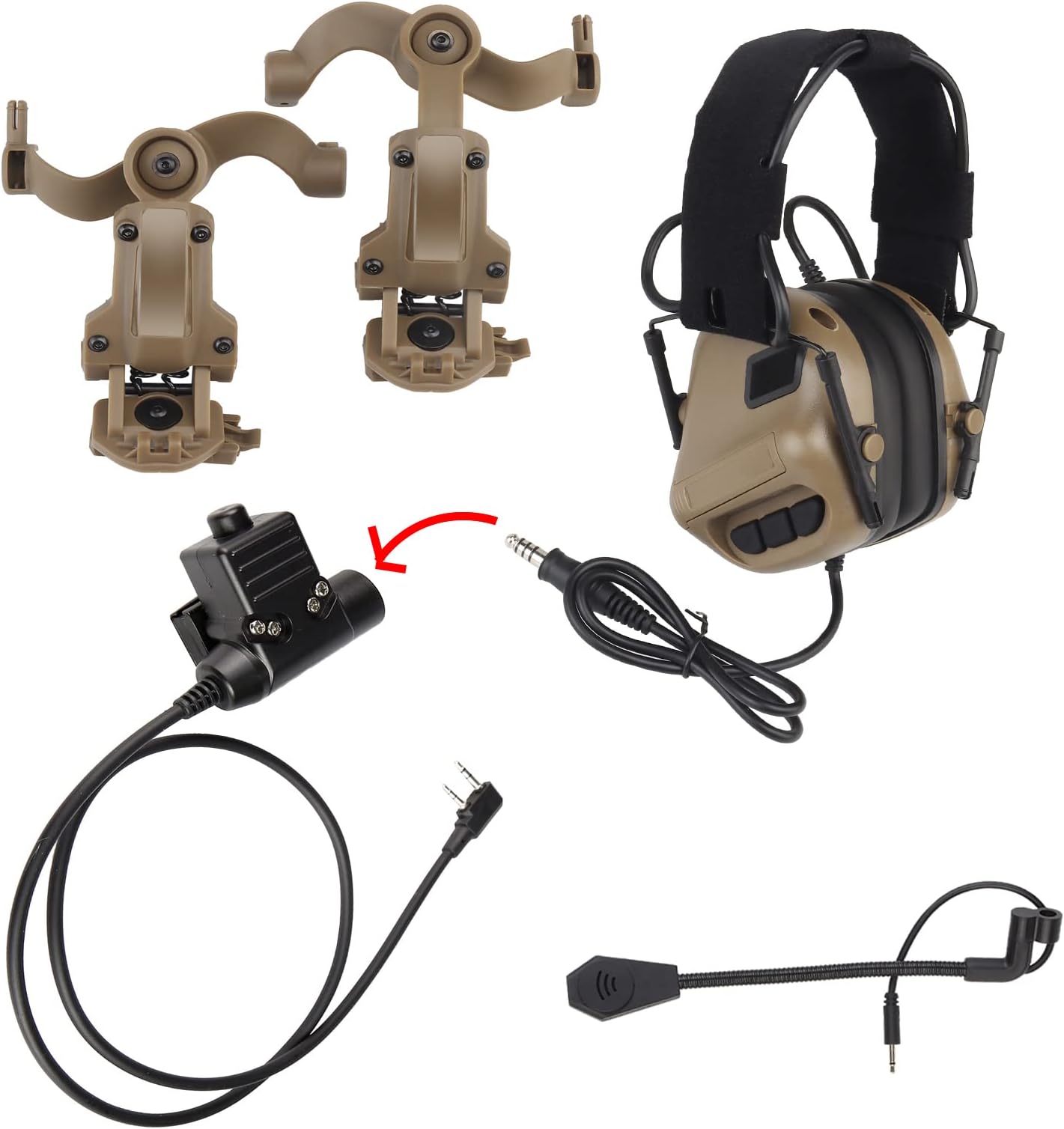 Tactical Shooting Headset + with U94 PTT 2pin with ARC Rail Adapter Noise Reduction & Sound Pickup Ear Protection (Tan)