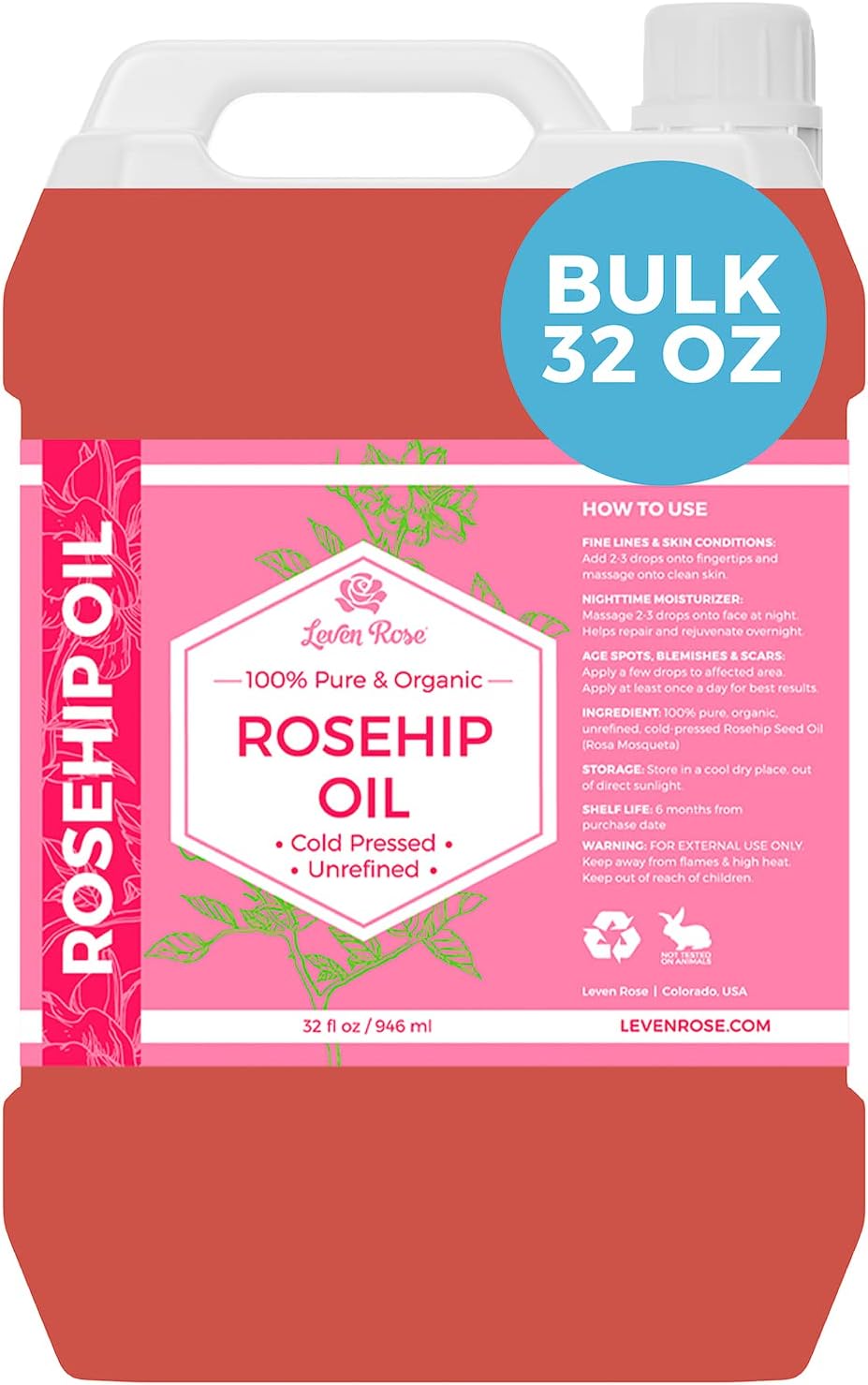 Leven Rose Rosehip Seed Oil 32 oz - Pure Cold Pressed Oil for Face, Body, Hair, Skin & Nails - Nighttime Moisturizer