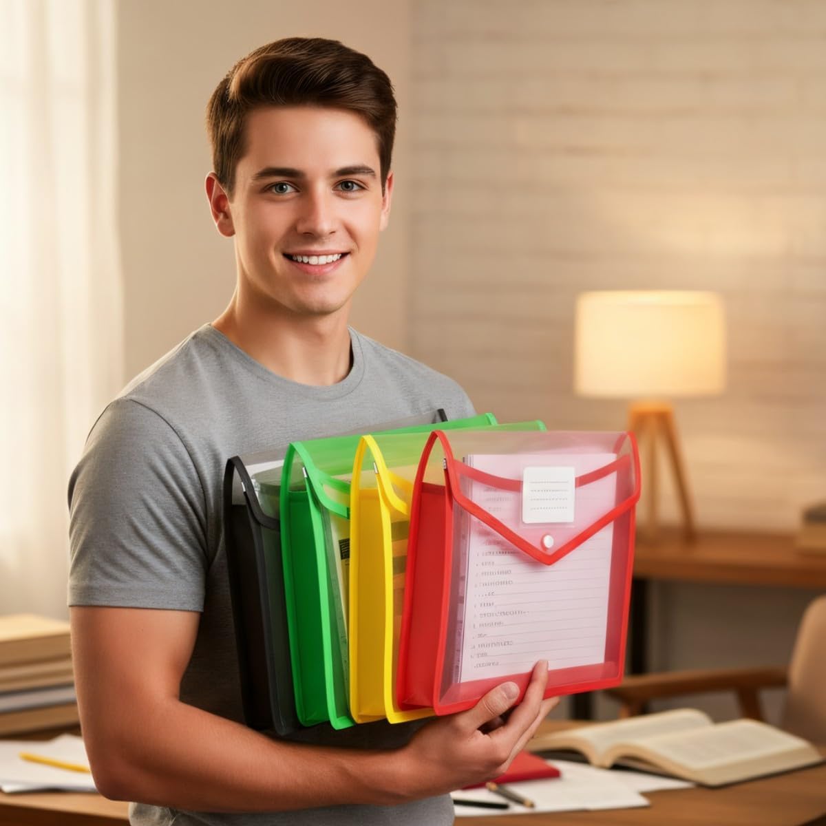 10 Pack Plastic Expanding File Folder, Waterproof Transparent Envelopes Folders with Label Pocket & Snap Closure, No Dividers, Large Capacity, 5 Assorted Colors, Fit Letter - A4 & B4 Size