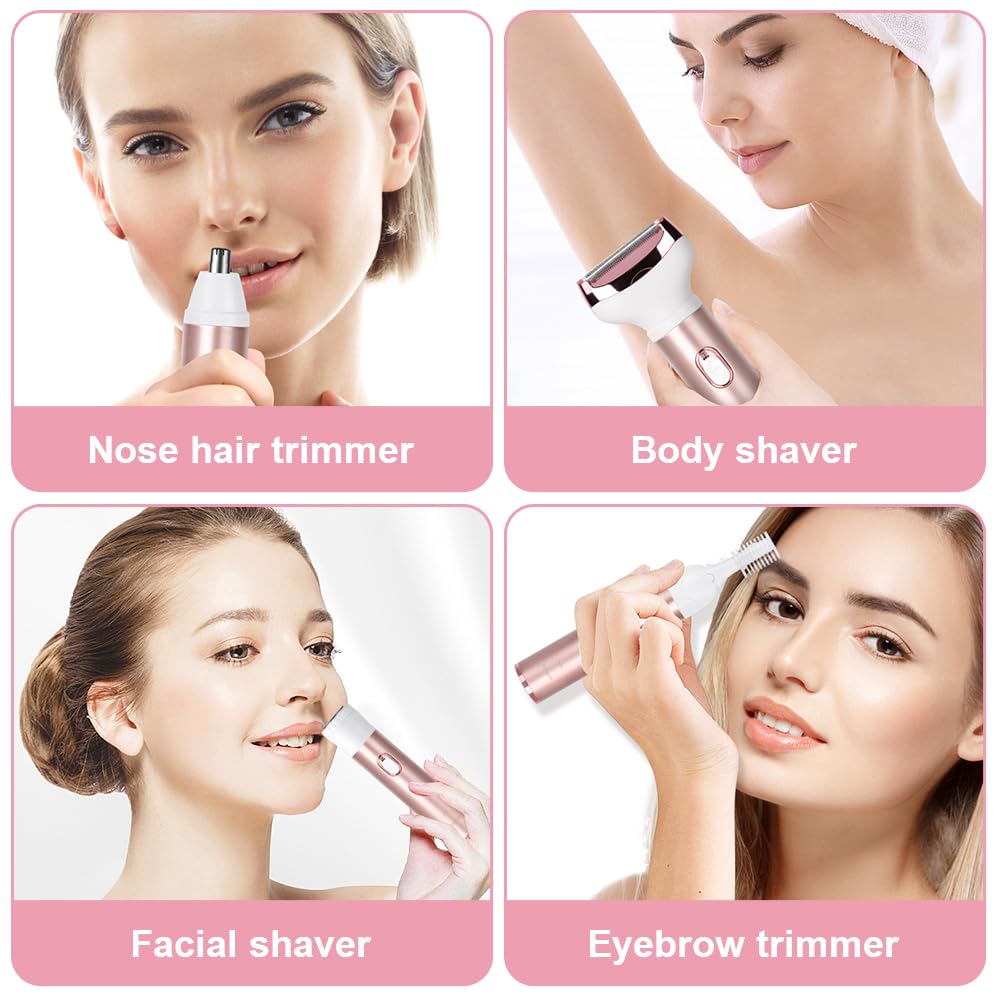 ACWOO Rasoio Elettrico Donna, 4 in 1 Epilatore Senza Fili, Ricaricabile Epilatore viso, Depilatore Donna Multifunzione a Secco e Bagnato per Una Rasatura Delicata e Accurata, Impermeabile