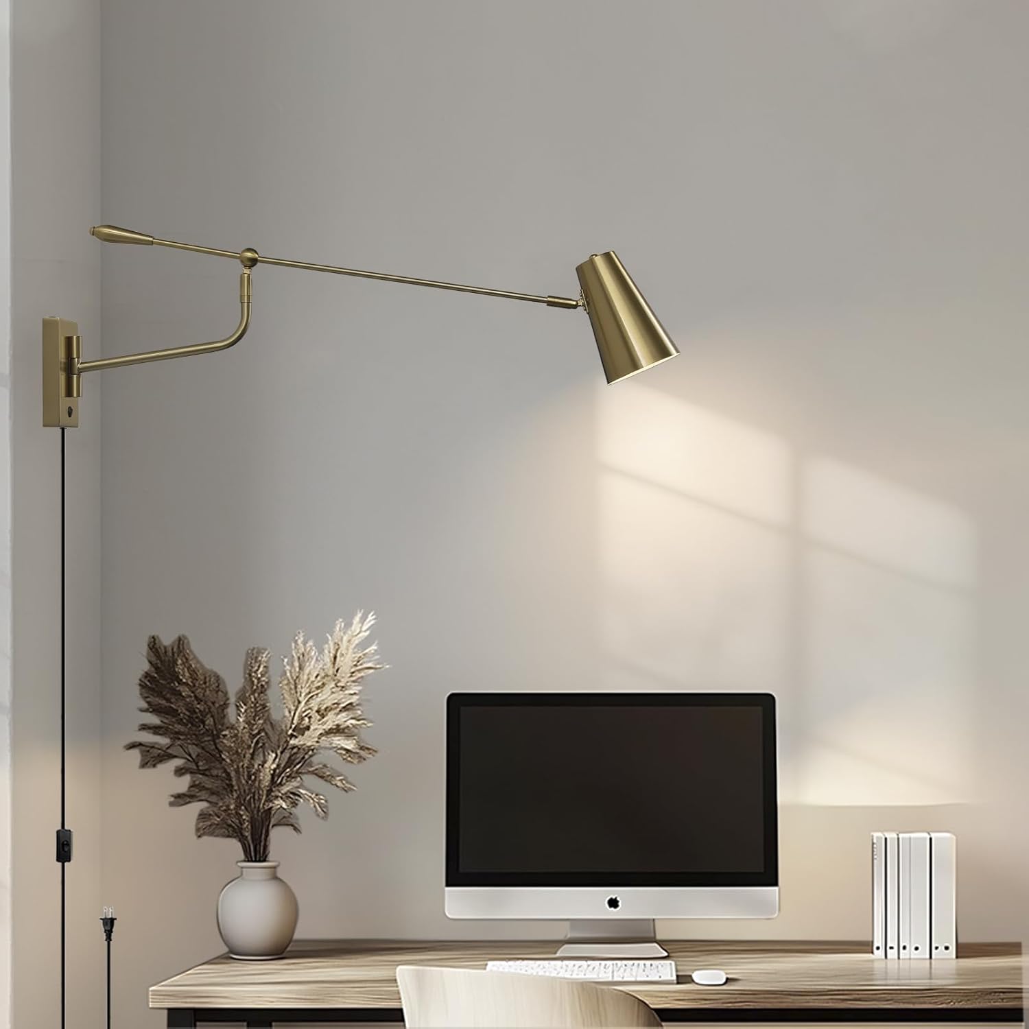 Rotatable Activity Adjustable Direction Swing Arm Wall Lamp, Dual Power Modes Plug-in/Hardwired, Indoor Large Gold Wall Mounted Lights for Bedroom Living Room Dining Room, E26 Bulb