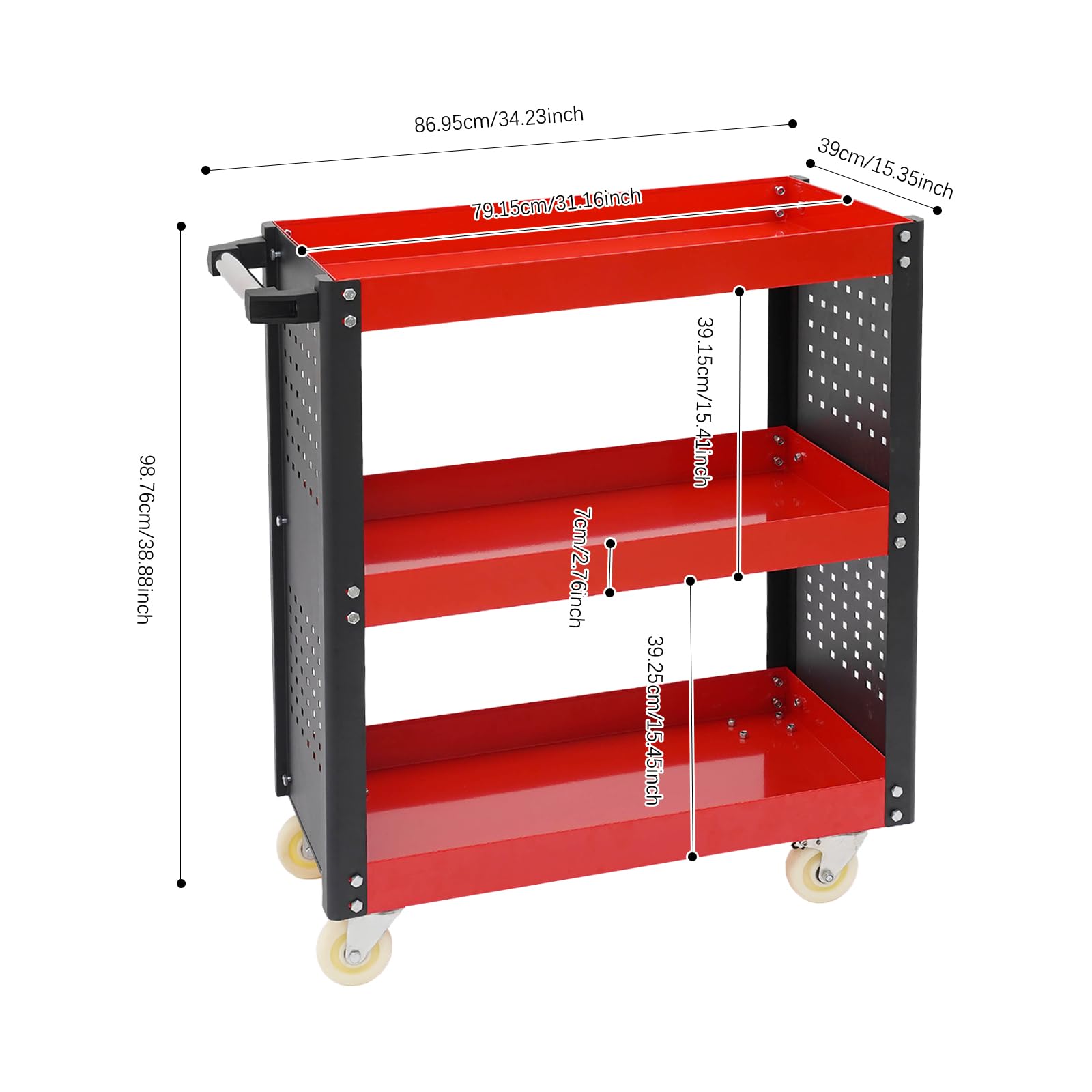 Carrello portautensili a 3 livelli in acciaio con ruote e parete forata | 3 ripiani, 4 ruote, 2 freni di stazionamento, maniglia laterale, 86,95 x 39 x 98,75 cm, officina, garage, magazzino