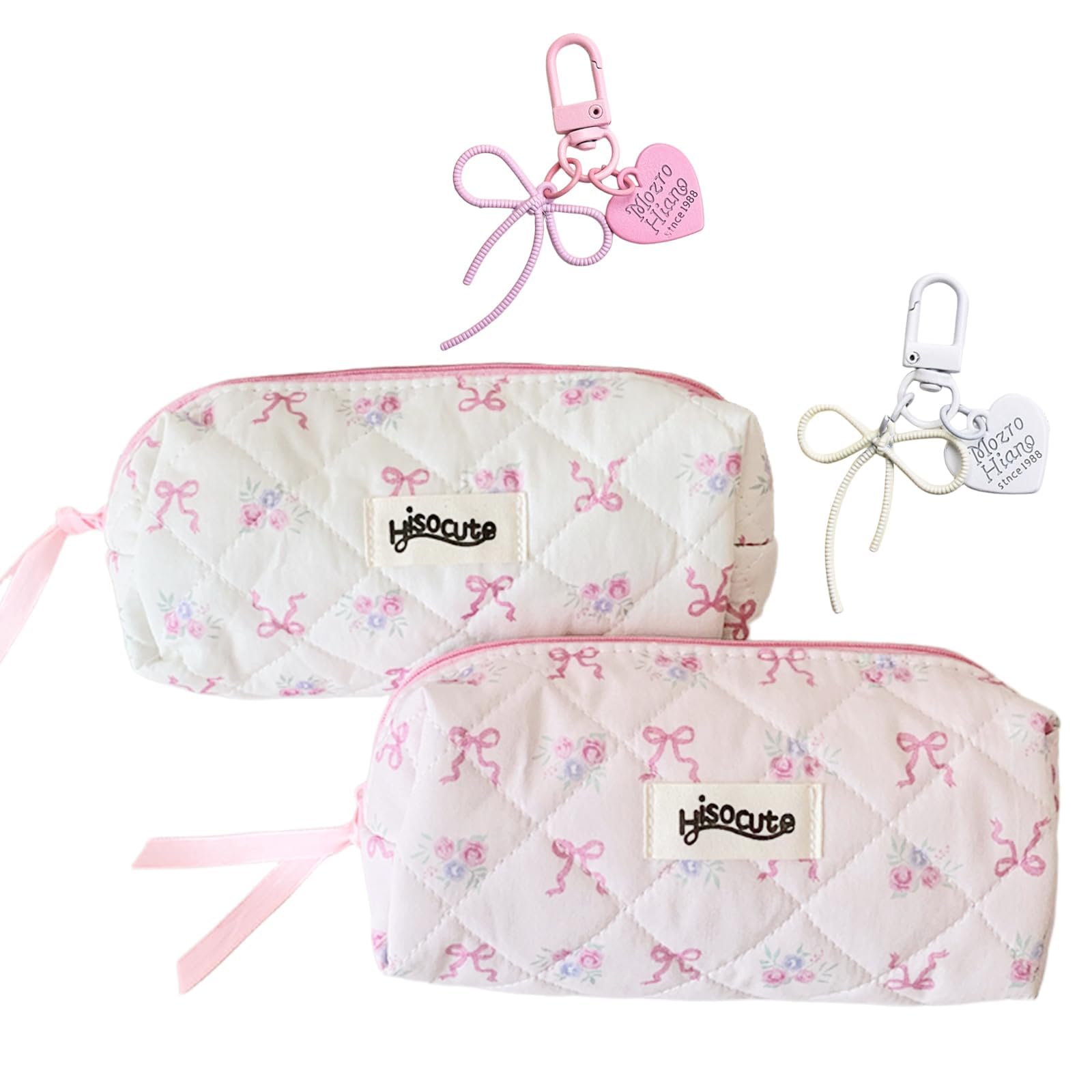 Alriedy 2 PCS Bow Pencil Case Large Capacity Aesthetic Pencil Case, Cute Pink Floral Pencil Bag for Girls with Bow Keychain, Makeup Cosmetic Bag for School Travel Office Supplies Organizer