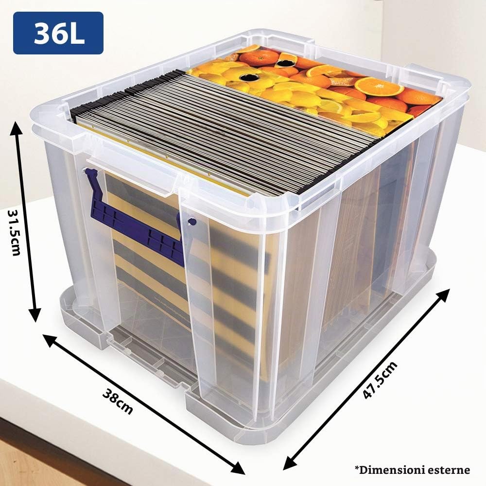 Bankers Box Prostore scatola porta oggetti in plastica con coperchio, 36 litri, impilabile, scatole per armadio super resistenti, dimensioni 30x37x31 cm, contenitori plastica trasparente, 1 unità