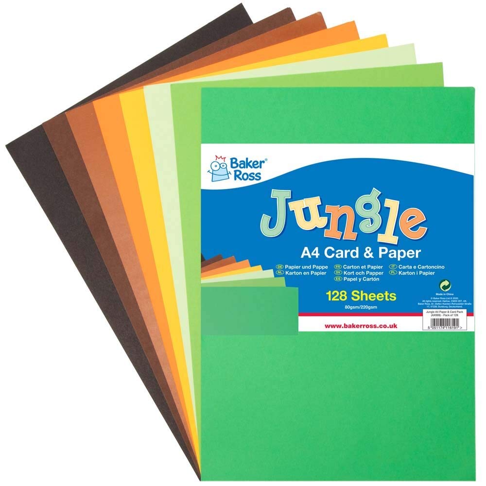 Baker Ross AX999 Jungle A4 Paper & Card - Pack - Pack of 125, Coloured Art Supplies for Kids Craft Making Activities, Jungle