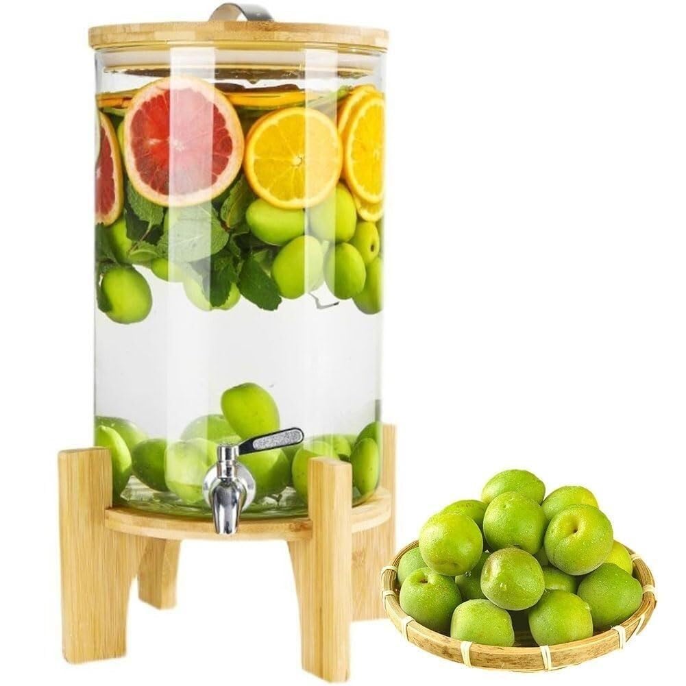 HCZKIUJY Glass Drink Dispenser with Spigot, 10L Beverage Dispenser on Wooden Stand – Ideal for Parties, Daily Use, and Cold Drinks (2.5L)