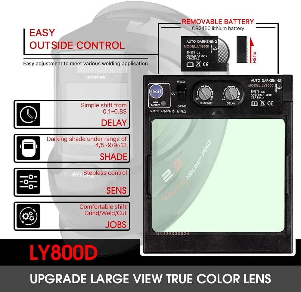YESWELDER Large Viewing Screen 3.94"X3.27" True Color Solar Power Auto Darkening Welding Helmet, 4 Arc Sensor Wide Shade 4~5/9-9/13 for TIG MIG Arc Cut Grinding Welder Mask LYG-M800D - - 