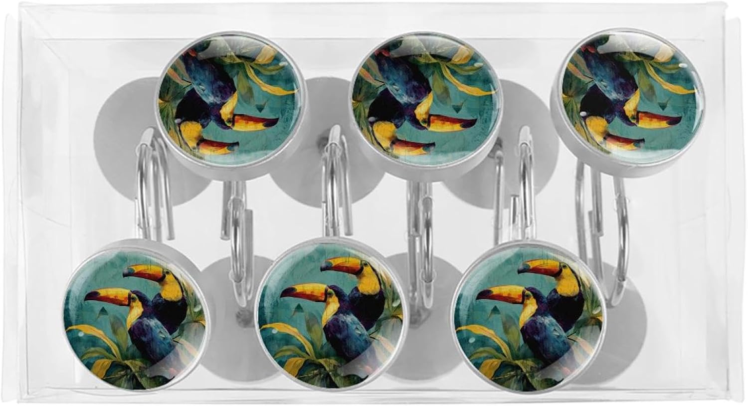 Set of 12 Shower Curtain Hooks, Shower Curtain Rings Crystal Glass Decorative Bathroom Hook, Birds Tropical Toucans (1)