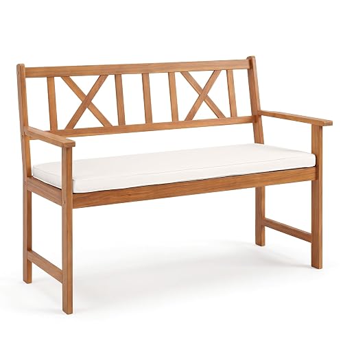 Tangkula 2-Person Acacia Wood Outdoor Bench with Cushion, Garden Bench