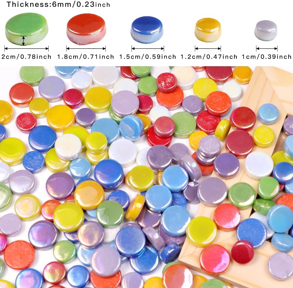 1 LB Penny Round Mosaic Tiles, 10mm ~20mm 5sizes Iridescent Rounds Recycled Glass Tiles Mix for Adults & Kids DIY Mosaic Making Garden Project (All Mix)