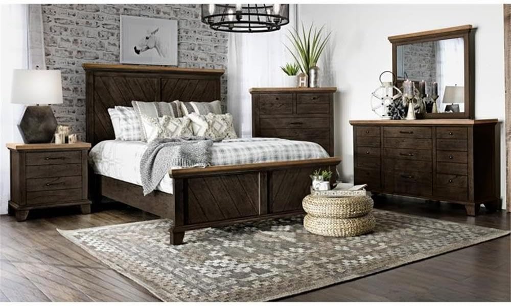 BOWERY HILL Farmhouse Queen 5-Piece Bedroom Set, Acacia Wood with Mindi Veneer, Chocolate and Honey Finish, Chevron Pattern Bed, Spacious Storage Dresser/Mirror/Nightstands for Rustic Bedroom Decor