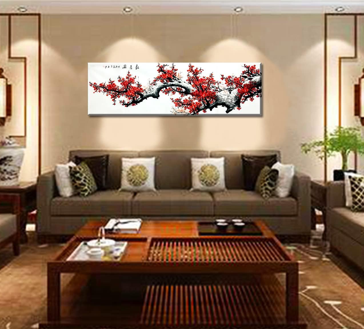 JiazuGo Asian Wall Art Chinese Painting Decor Oriental Red Plum Blossom Canvas Pictures for Bedroom Wall Decor Chinese Ink Painting Home Decor for Living Room Modern Artwork 13.7"×45.3"