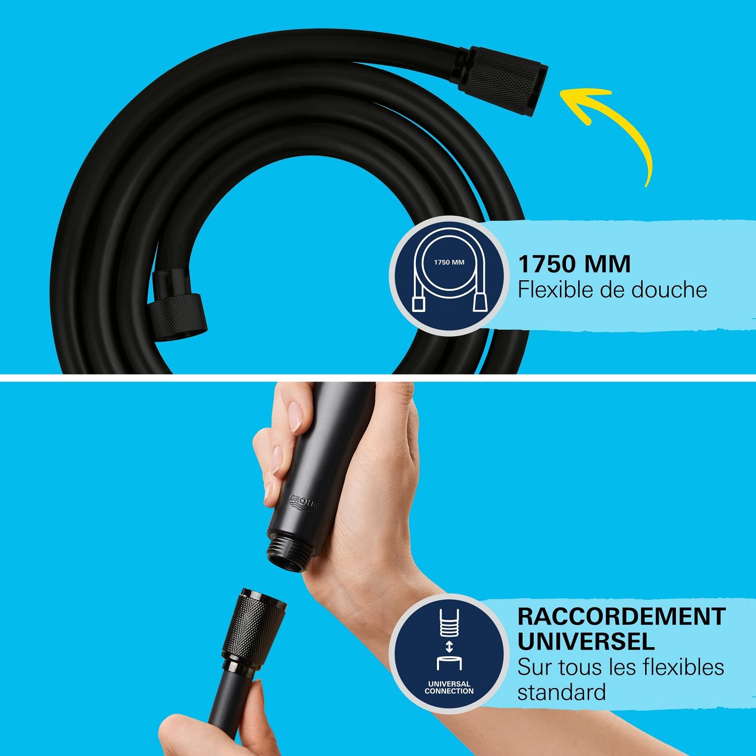 GROHE Vitalio Comfort 110, Ensemble de Douche avec Douchette Carrée 2 jets, Support Mural Universel, Flexible 1,75m, Economie d'Eau, A coller avec GROHE QuickGlue ou à visser, Noir Mat, 263992431