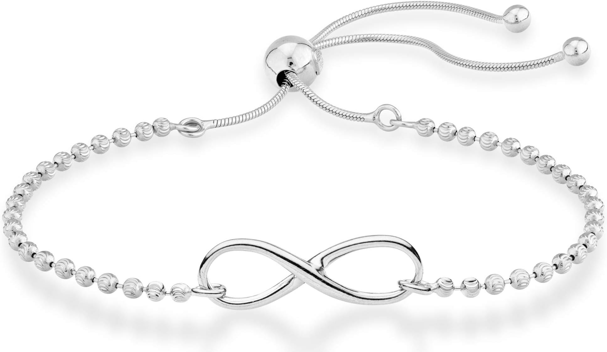 Miabella 925 Sterling Silver Infinity Forever Love Diamond-Cut Adjustable Bolo Bead Chain Bracelet for Women Teen Girls White or Yellow Made in Italy (Sterling-Silver)