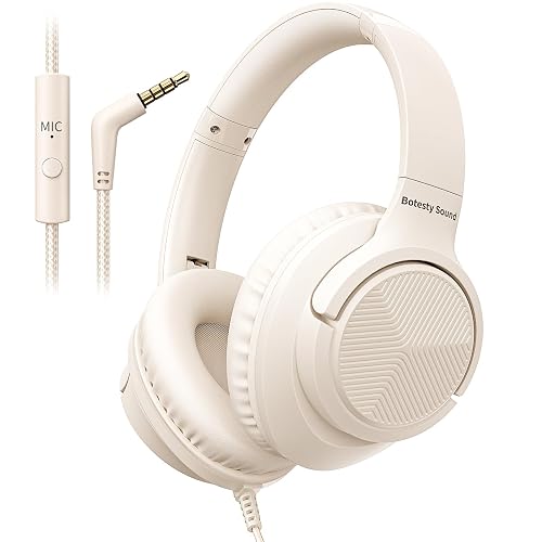 Wired Headphones with Microphone for School, 3.5mm Corded Headphones, Beige | Wired Over Ear Foldable Plug in Headphones, 4.9ft Tangle-Free Nylon Cord for School, Tablet, Laptop, MP3/4, Airplane Travel