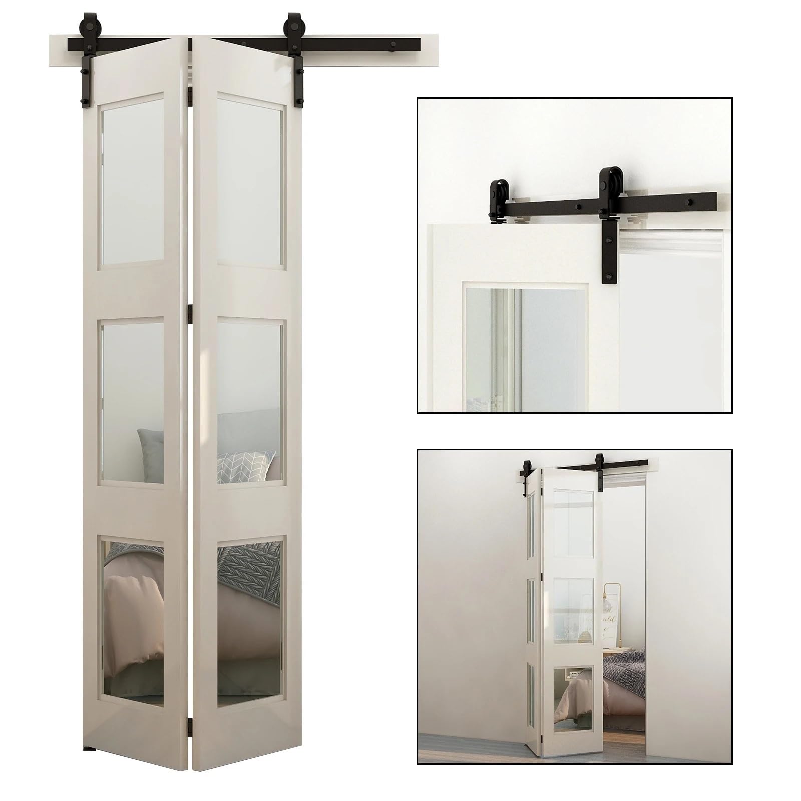 Barn Door Sliding Kit, Folding Sliding Barn Door Hardware Kit Heavy Duty Roller Track for 2 Doors Smoothly Quietly Easy to Install No(6.6FT(2M))