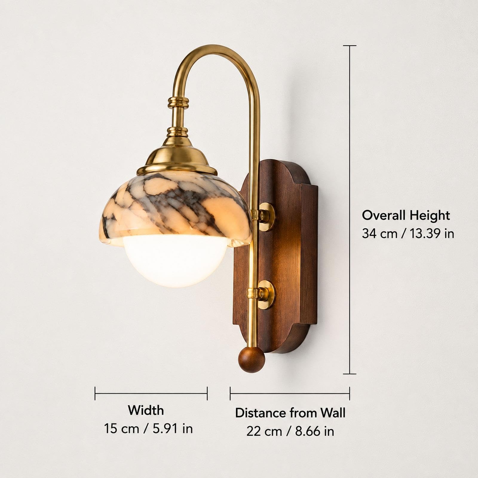 Applique pietra, piastra posteriore legno braccio curvo ottone